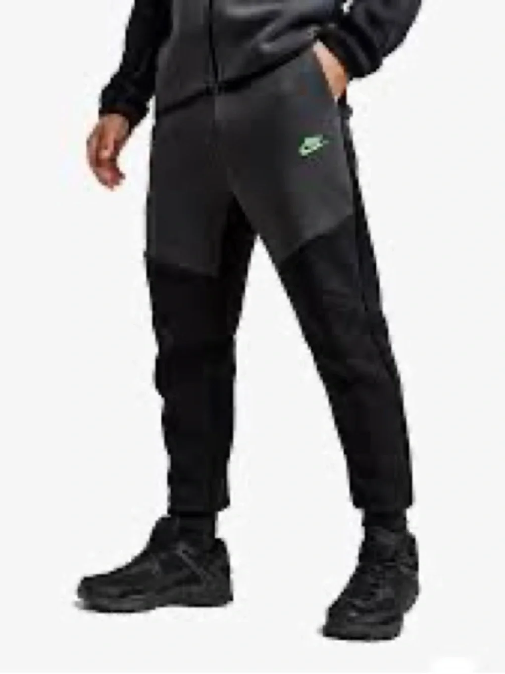 Nike Men’s Black and Charcoal Panel Joggers with Green Swoosh